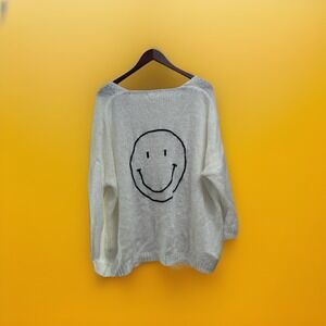 Oversized White Open Knit Cardigan Sweater Smiley Boho Cozy Layering Relaxed Fit